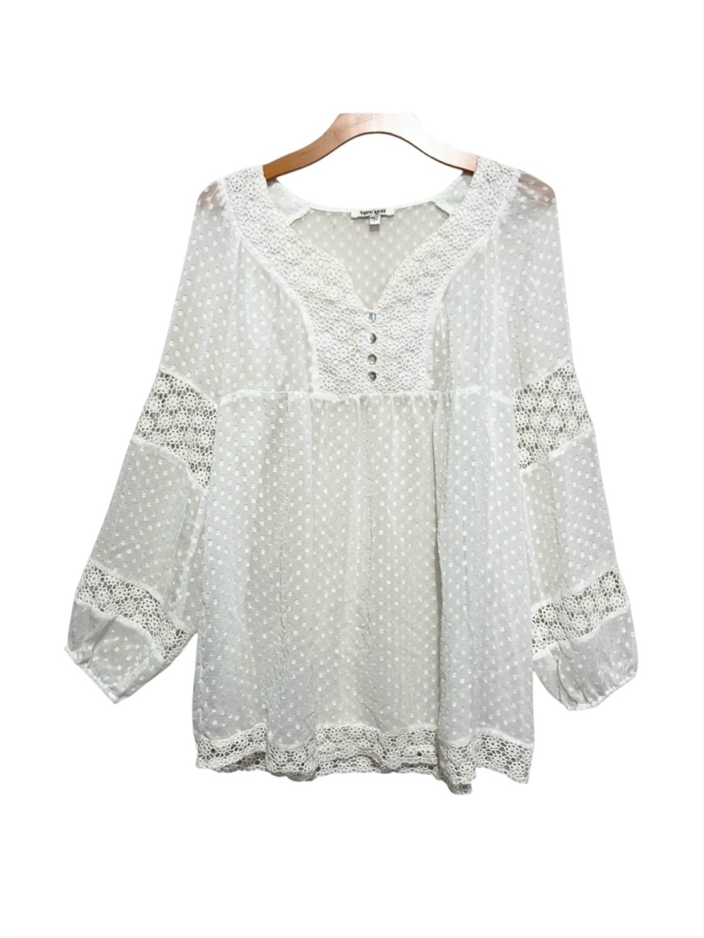 Daniel Rainn White Polka Dot Lace Crochet Trim Peasant Tunic Top Boho Artsy Sz L